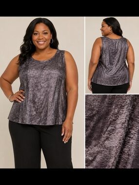 Cervelle Crinkle Satin Shell Top 2X Gray Purple Shimmer Sleeveless Blouse